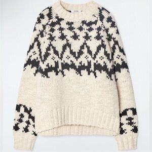 COS Fair Isle Chunky Crewneck Wool Sweater Cream Dark Grey Size XS
